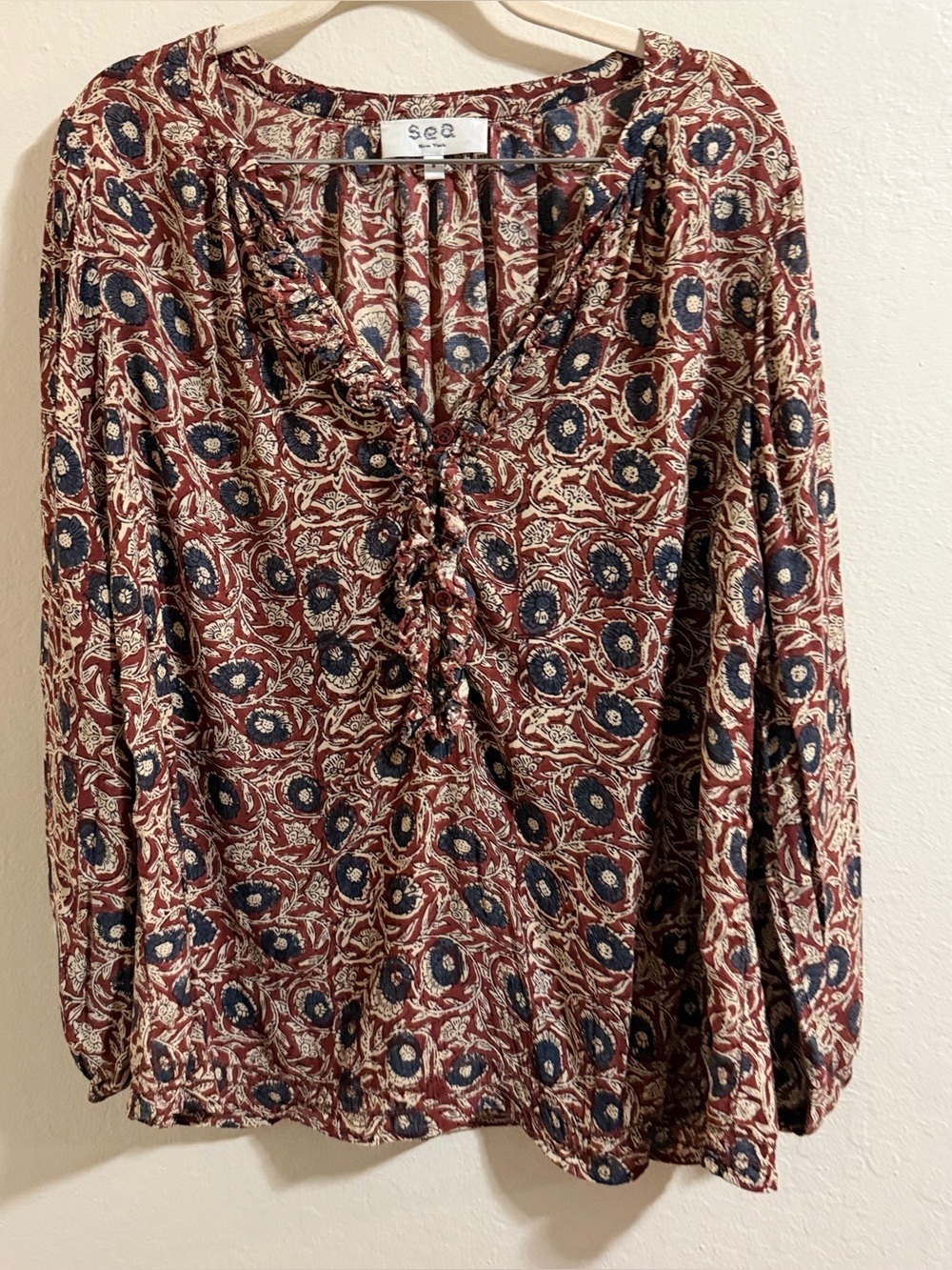 Sea New York Ruffle Split Neck Cotton Boho Floral Block Print Blouse Size 8